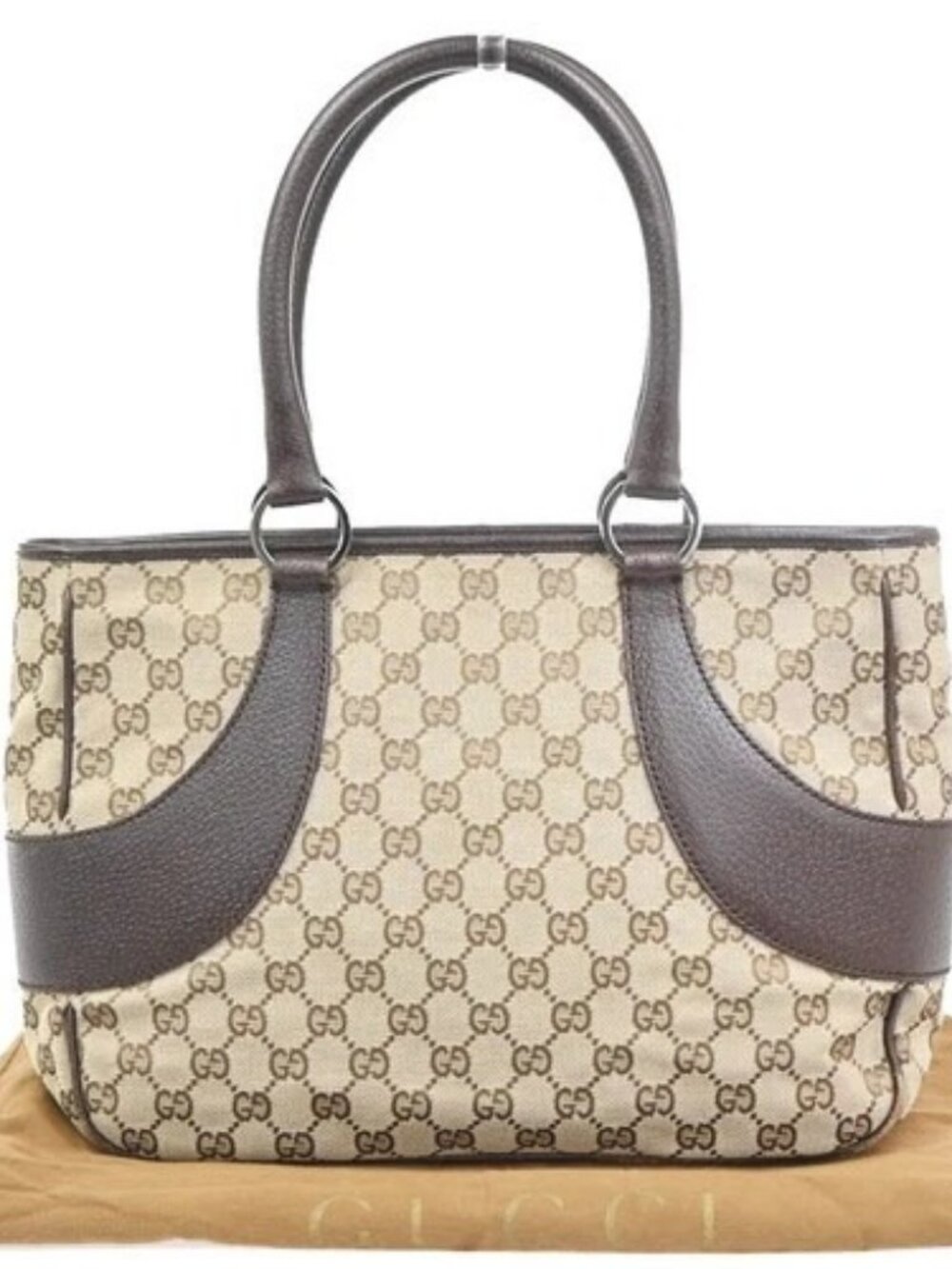 GUCCI Logo GG Pattern Tote Hand Bag Canvas Leather Beige Brown SHW Italy 88PA273